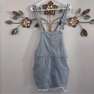 Free People Vintage Striped Raw Hem Denim Jeans Mini Overall Skirt Size 8